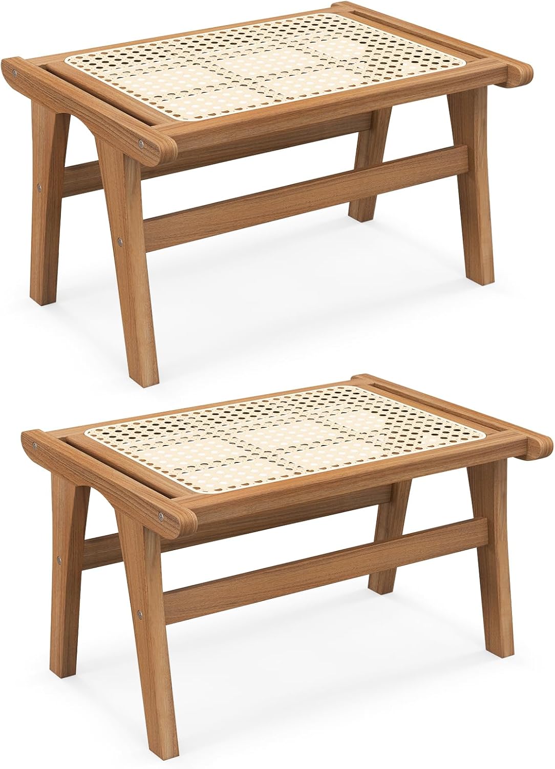 Tangkula Ottoman Footstool, Natural Teak Wooden Foot Rest with Handwoven Rattan