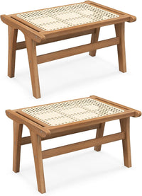 Tangkula Ottoman Footstool, Natural Teak Wooden Foot Rest with Handwoven Rattan