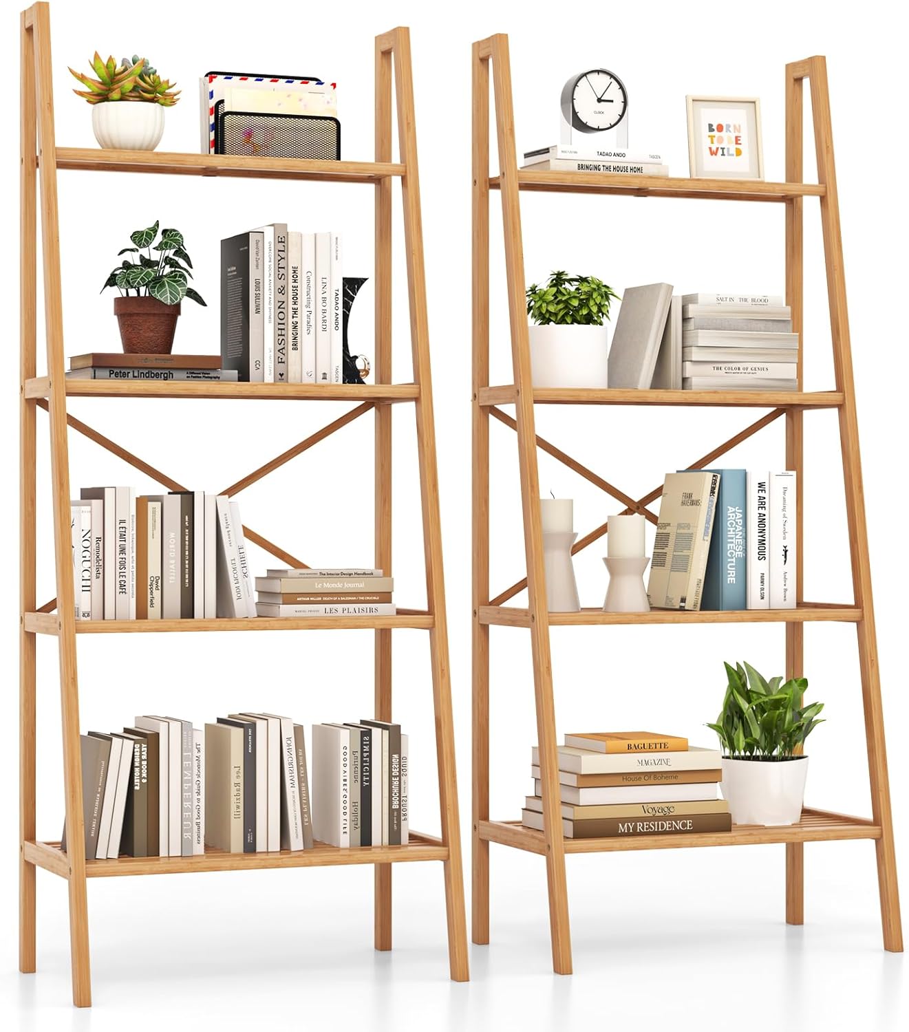 Tangkula 4 Tier Bamboo Ladder Bookshelf, Freestanding Plant Display Stand