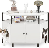 Tangkula Corner Cat Litter Box Enclosure, Decorative Pet Cabinet Furniture with Open Shelf, 2 Entrances