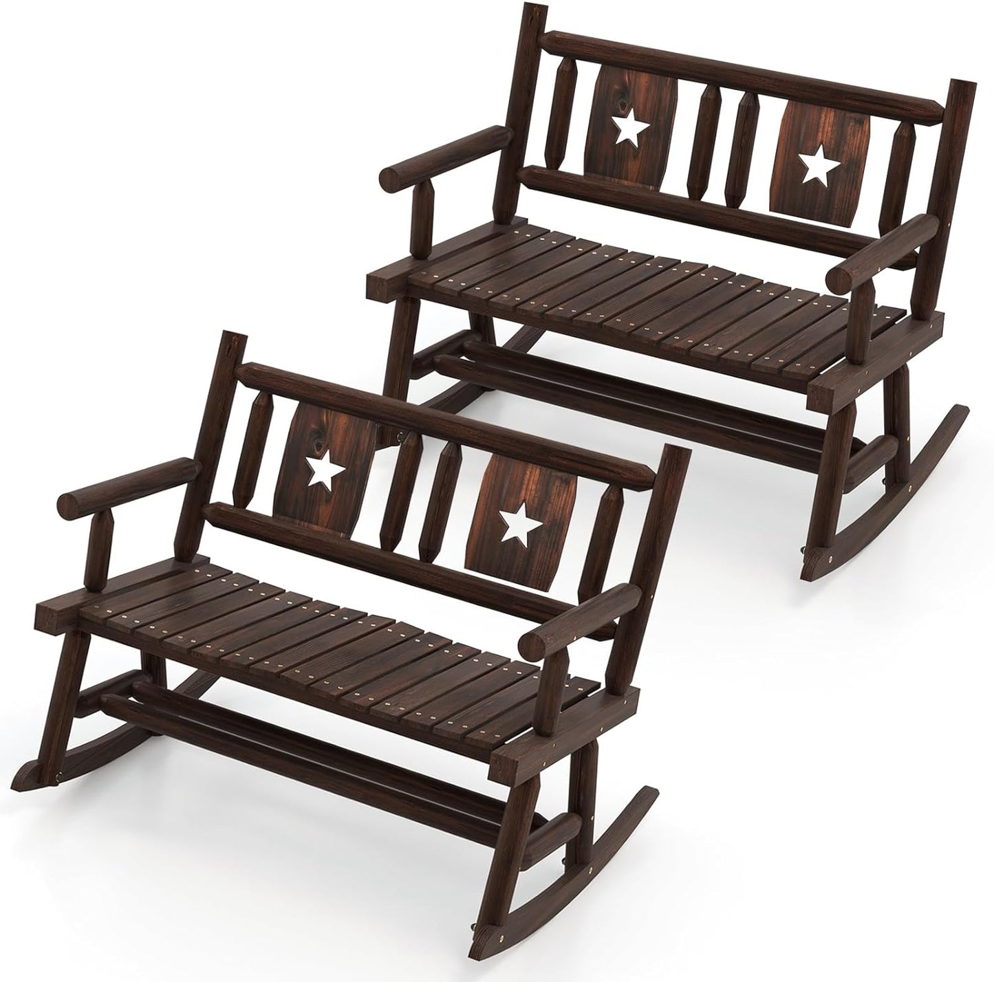 Tangkula Patio Rocking Bench, Carbonized Wood Double Rocker Chair with Ergonomic Seat