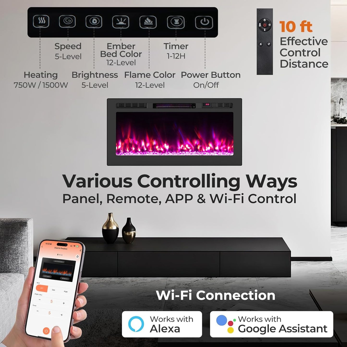 Tangkula 36" Wi-Fi Enabled Electric Fireplace