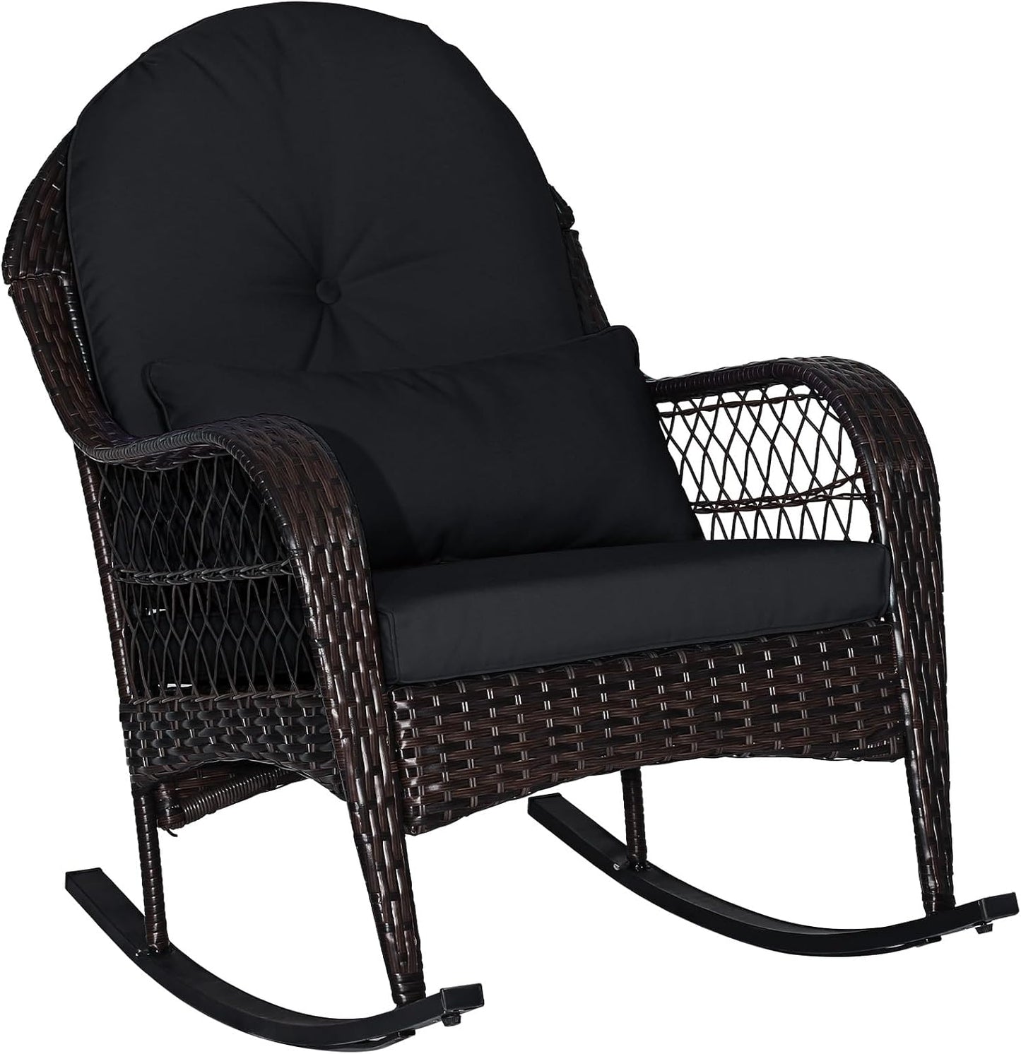 Patio Wicker Rocking Chair, Outdoor PE Rattan Rocker with Seat and Back Cushion