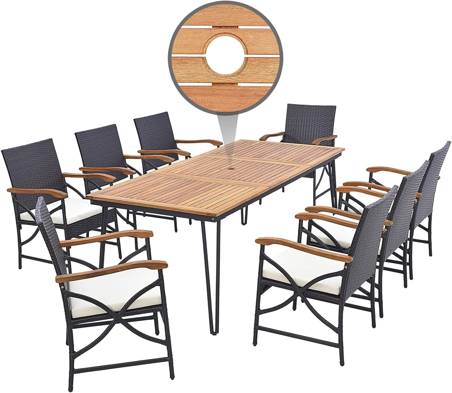 Tangkula Salon de jardin en rotin pour 8 personnes, table en bois d'acacia