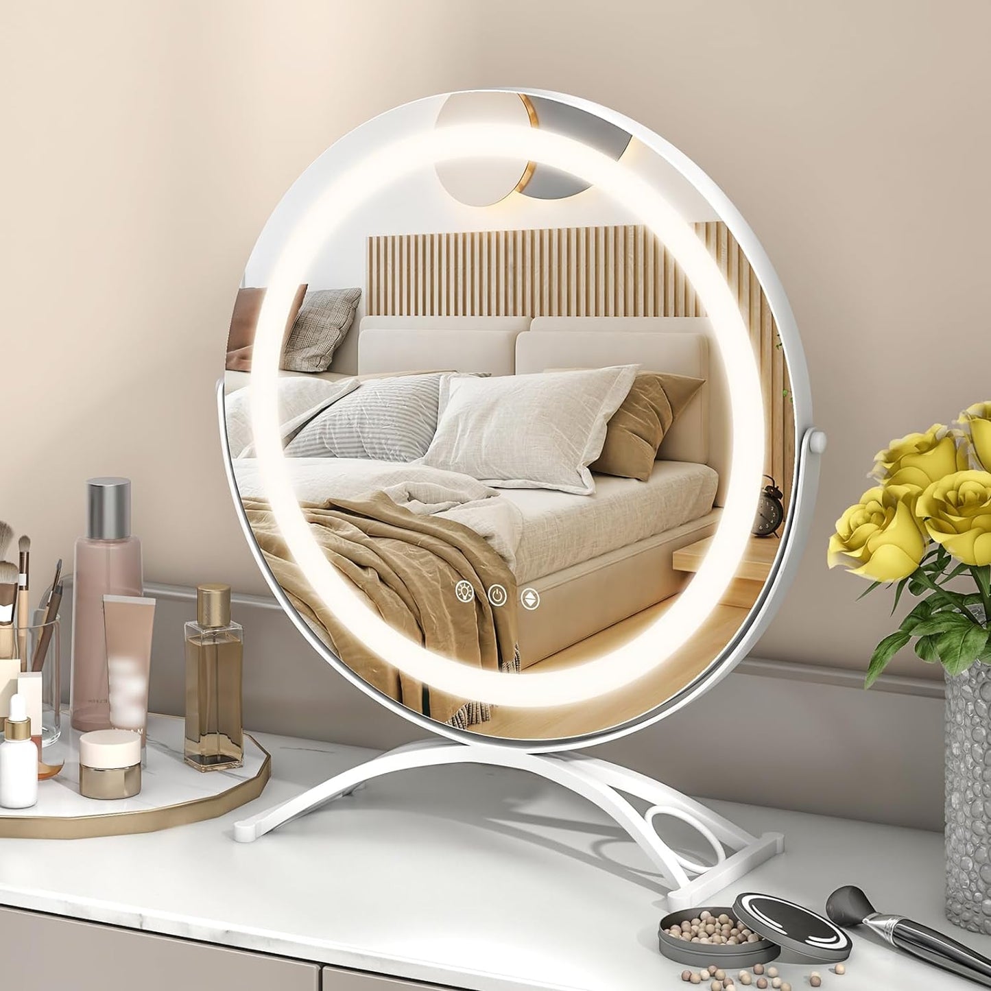 Tangkula Miroir de courtoisie de 16 po avec lumières, miroir de maquillage lumineux à LED à 3 couleurs à intensité variable avec écran tactile