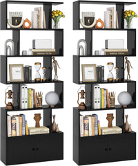 Tangkula S Shaped Bookshelf with Cabinet, 6-Tier Bookcase with Doors, Freestanding Geometric Bookshelves for Living Room