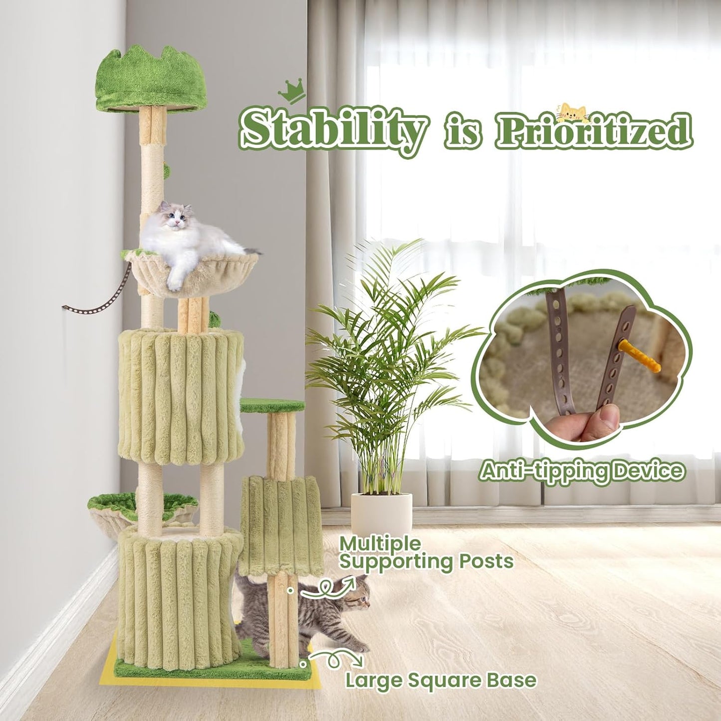 Tangkula 63 Inch Tall Cat Tree, Cute Green Cat Tower with 2 Condos, Plush Top Perch, 2 Basket Beds
