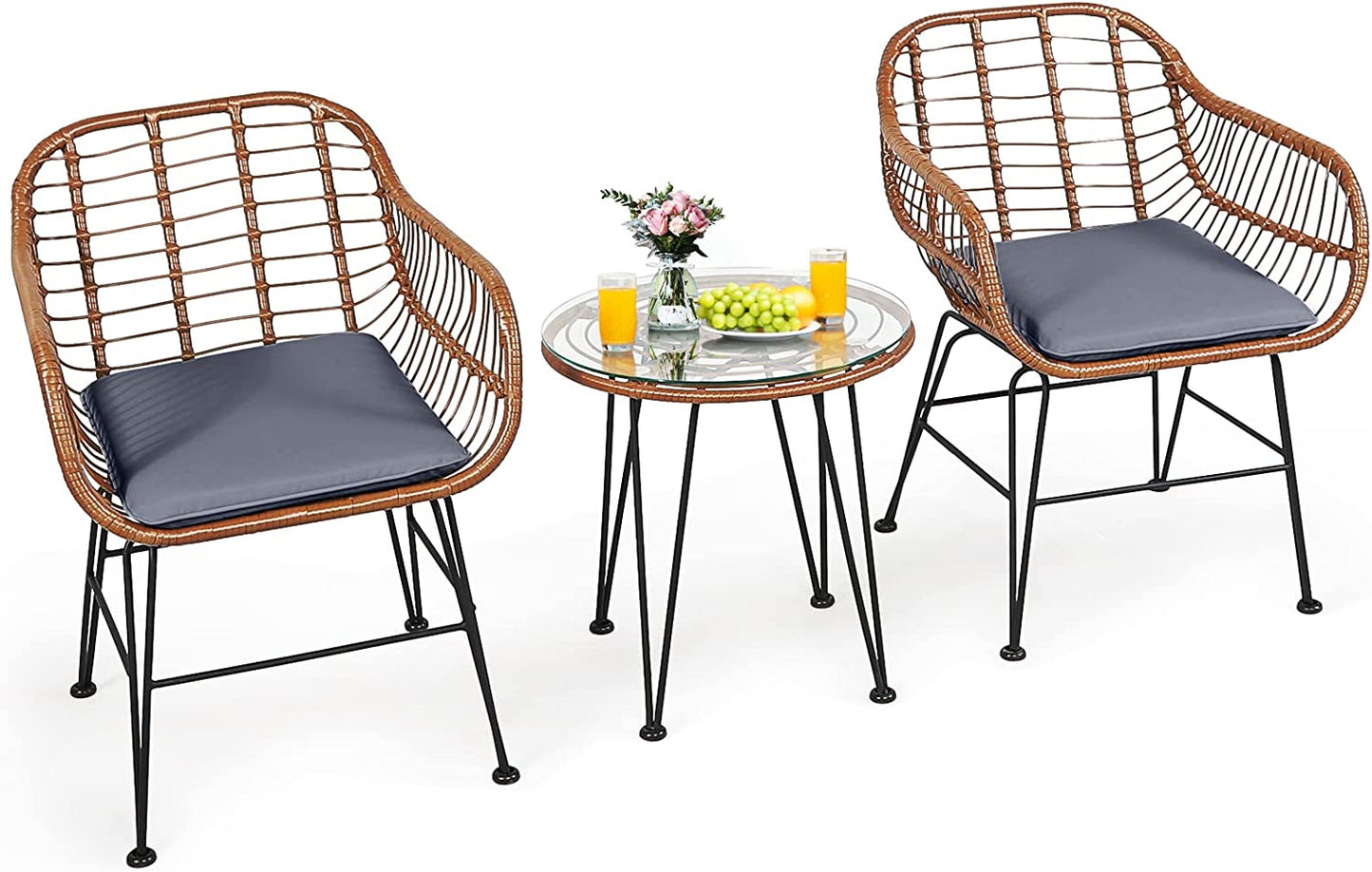 3 Pieces Patio Conversation Bistro Set, Outdoor Wicker Furniture w/Round Tempered Glass Top Table & 2 Rattan Armchairs