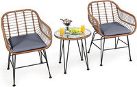 3 Pieces Patio Conversation Bistro Set, Outdoor Wicker Furniture w/Round Tempered Glass Top Table & 2 Rattan Armchairs