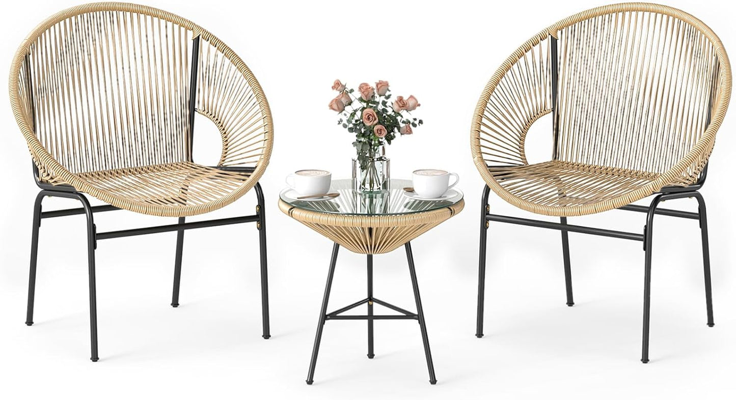 Ensemble de mobilier de patio extérieur 3 pièces, Ensemble de chaises Acapulco avec corde en plastique, Table en verre trempé