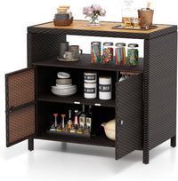 Tangkula Rattan Storage Cabinet, Outdoor Patiojoy Buffet Cabinet with Acacia Wood Countertop