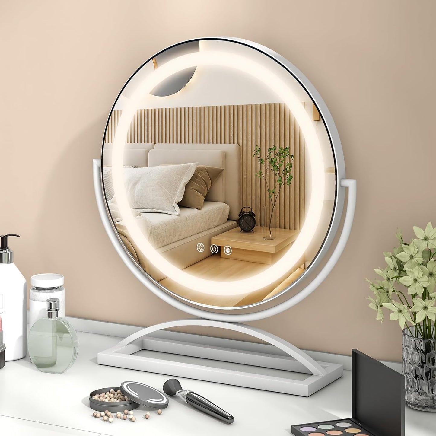 Tangkula Miroir de courtoisie de 16 po avec lumières, miroir de maquillage lumineux à LED à 3 couleurs à intensité variable avec écran tactile