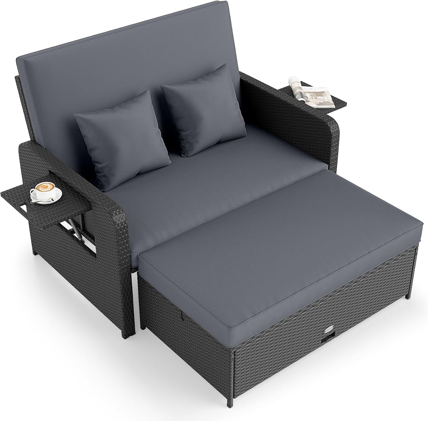 Tangkula Patio Rattan Daybed with 4-Level Adjustable Backrest Storage Ottoman & Folding Side Tray