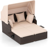 Tangkula Outdoor Wicker Sunbed with 2 Foldable Side Tables Thick Seat & Back Cushions