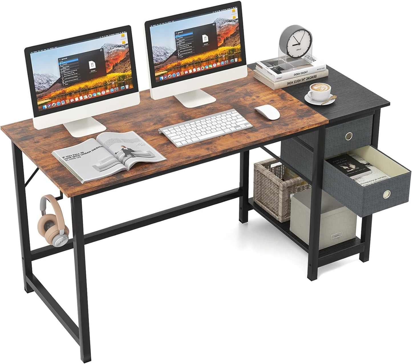 Tangkula Bureau informatique avec 2 tiroirs, bureau moderne pour la maison et le bureau avec crochet de suspension et étagère de rangement.