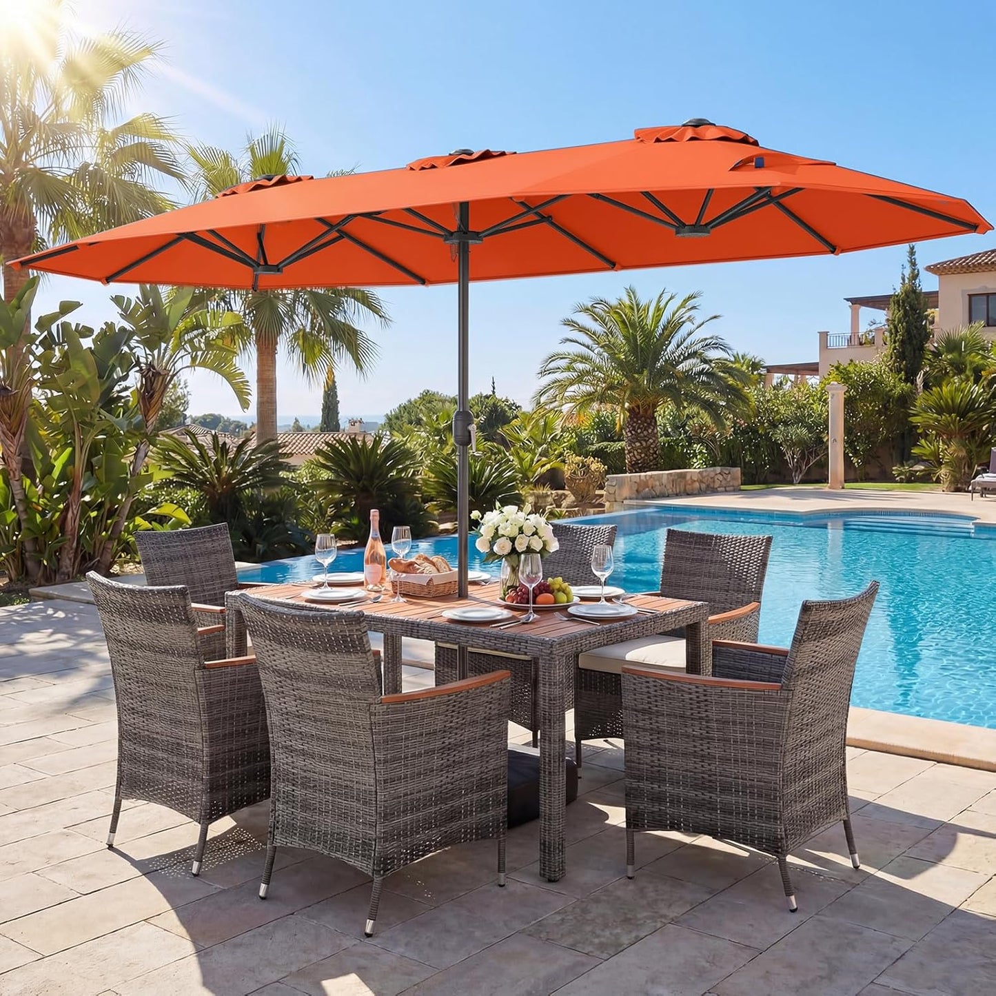 Tangkula 9 Piece Rattan Outdoor Dining Set with 13Ft Umbrella for 6