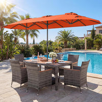Tangkula 9 Piece Rattan Outdoor Dining Set with 13Ft Umbrella for 6