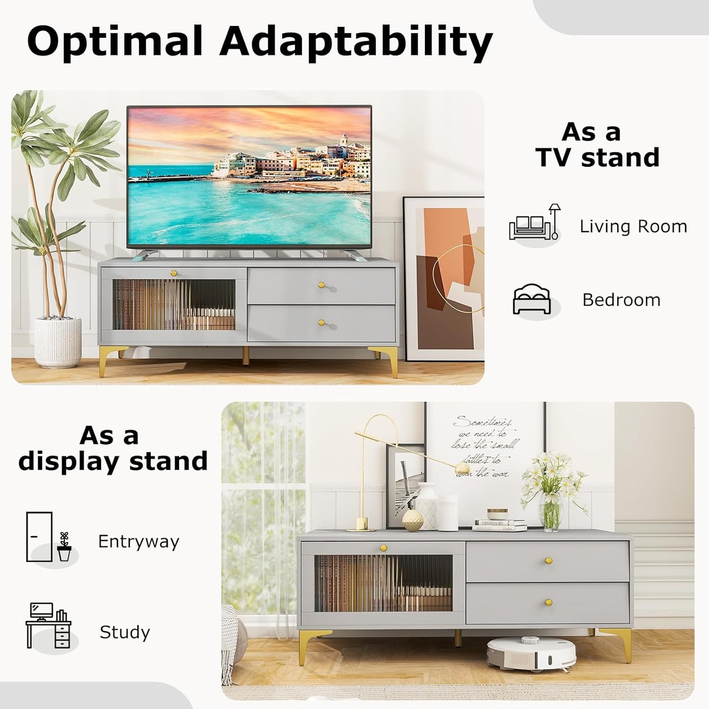Tangkula Gray TV Stand for 55-Inch TV, 47.5” TV Console Table with Drawers