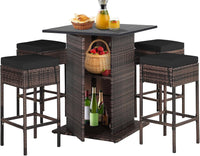 Tangkula 5 Piece Outdoor Rattan Bar Set, Patio Bar Furniture with 4 Cushions Stools and Smooth Top Table