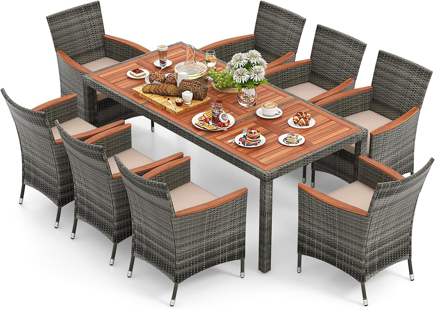 Tangkula 7 or 9 Piece Outdoor Dining Set, Patio Wicker Furniture Set with Acacia Wood Table Top w/Umbrella Hole
