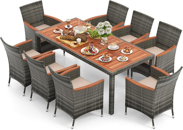 Tangkula 7 or 9 Piece Outdoor Dining Set, Patio Wicker Furniture Set with Acacia Wood Table Top w/Umbrella Hole
