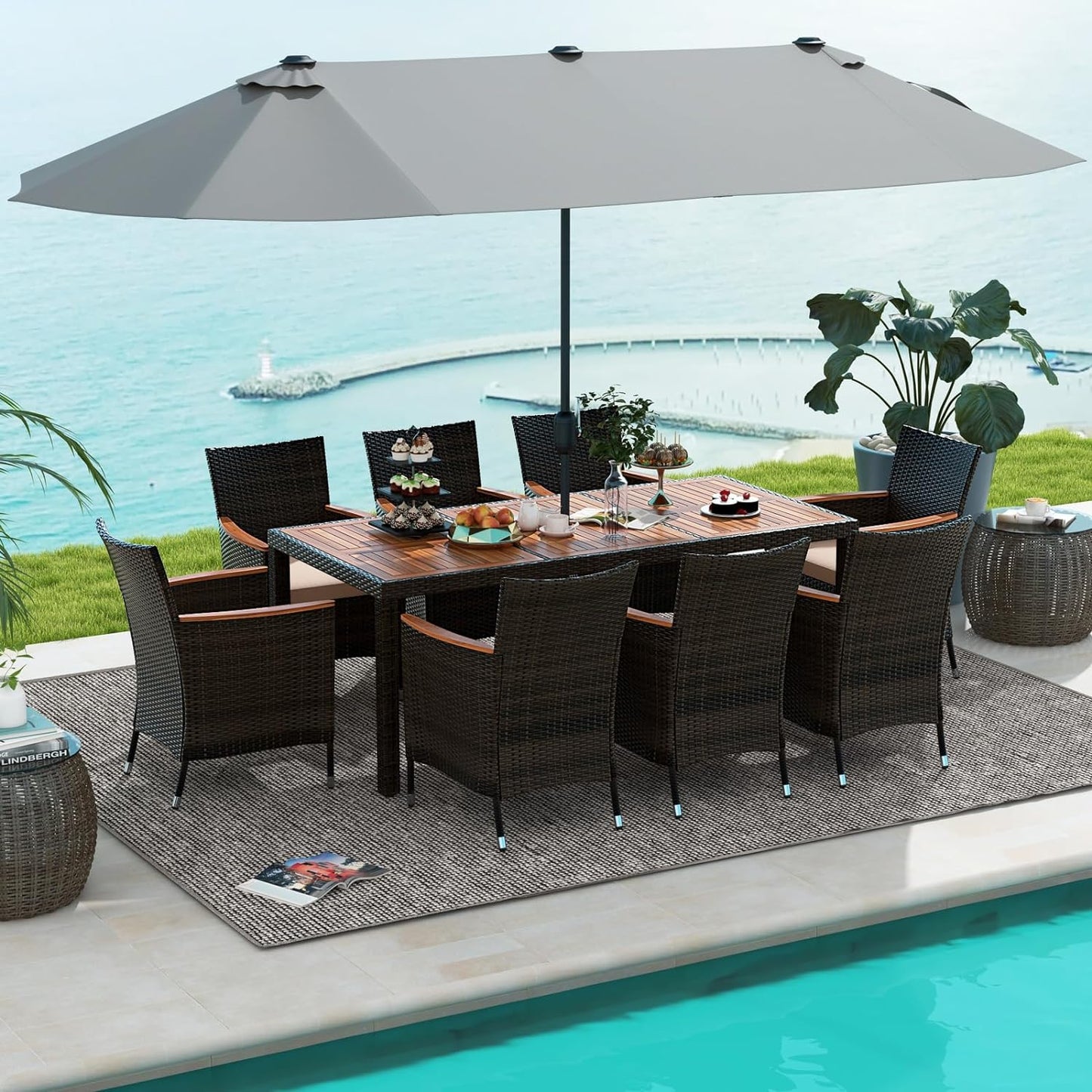 Tangkula 10 Piece Patio Rattan Dining Set with 15Ft Double-Sided Umbrella, Outdoor Acacia Wood Table and Wicker Chairs Set