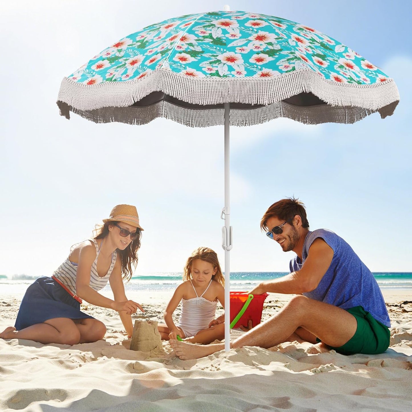 Tangkula 6.5FT Beach Umbrella with Fringe, UPF50+ Outdoor Boho Umbrella with Tassels, Push Button Tilt