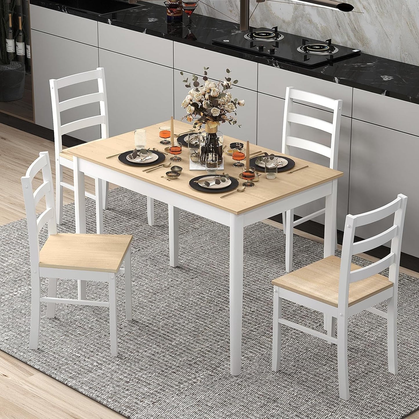 Tangkula 5-Piece Dining Table Set for 4, Farmhouse Solid Wood Dinette Set w/Rubber Wood Legs
