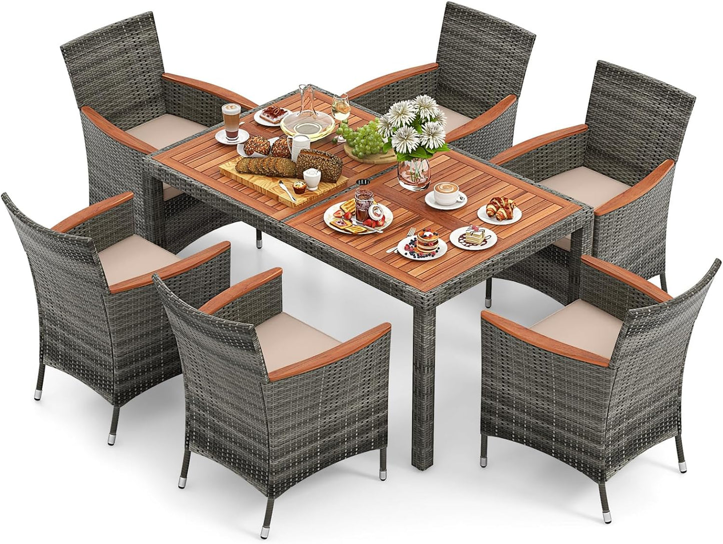 Tangkula 7 or 9 Piece Outdoor Dining Set, Patio Wicker Furniture Set with Acacia Wood Table Top w/Umbrella Hole