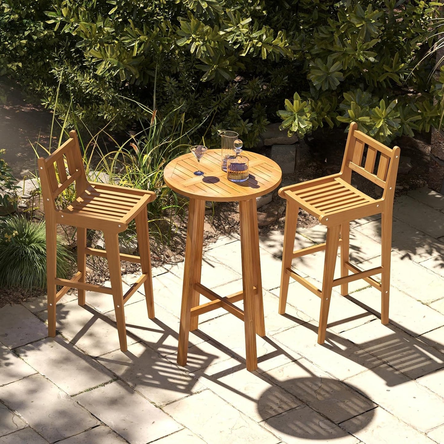 Tangkula Teak Wood Bar Stool, 30” Bar Chair with Footrest & Backrest
