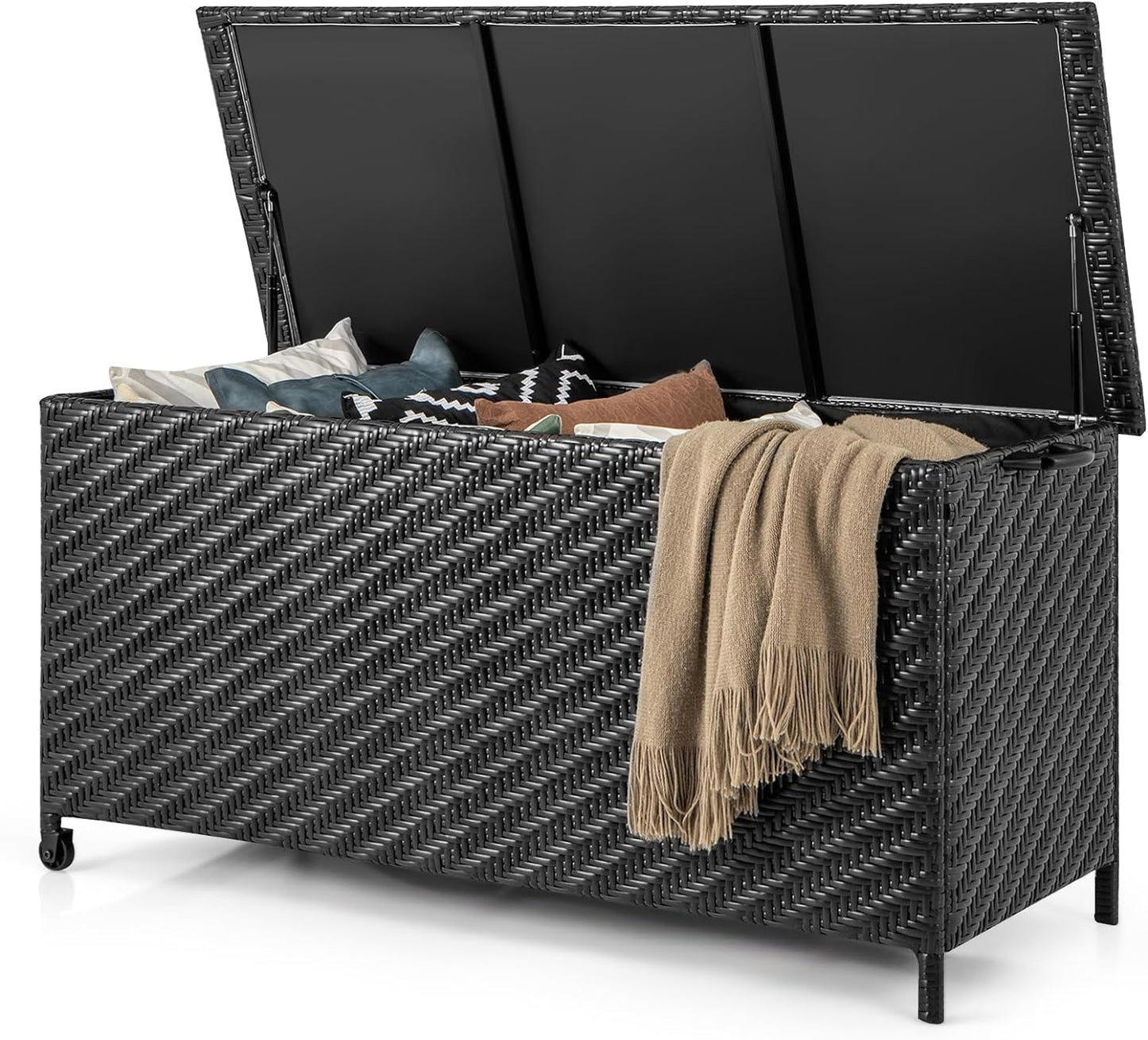 Tangkula Tightly-Woven Rattan Deck Box, Patiojoy Storage Cabinet Container with Polyester Liner, 85 Gallon Indoor Outdoor Storage Bo
