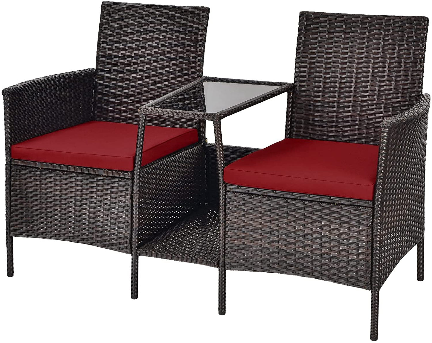PE Wicker Outdoor Furniture Set, 2 Cushioned Seats and Tempered Glass Table
