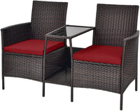PE Wicker Outdoor Furniture Set, 2 Cushioned Seats and Tempered Glass Table