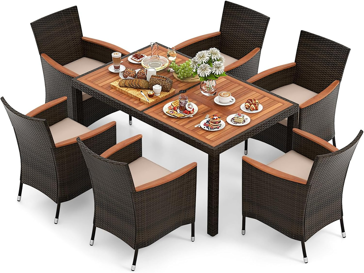 Tangkula 7 or 9 Piece Outdoor Dining Set, Patio Wicker Furniture Set with Acacia Wood Table Top w/Umbrella Hole
