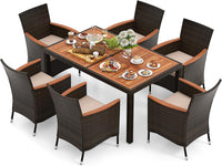 Tangkula 7 or 9 Piece Outdoor Dining Set, Patio Wicker Furniture Set with Acacia Wood Table Top w/Umbrella Hole