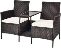 PE Wicker Outdoor Furniture Set, 2 Cushioned Seats and Tempered Glass Table