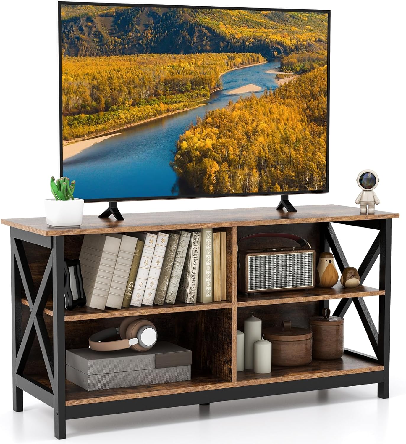 Meuble TV pour téléviseurs jusqu'à 55 pouces, meuble de divertissement en bois de style ferme avec cadre en X et 4 étagères de rangement ouvertes