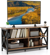 Meuble TV pour téléviseurs jusqu'à 55 pouces, meuble de divertissement en bois de style ferme avec cadre en X et 4 étagères de rangement ouvertes