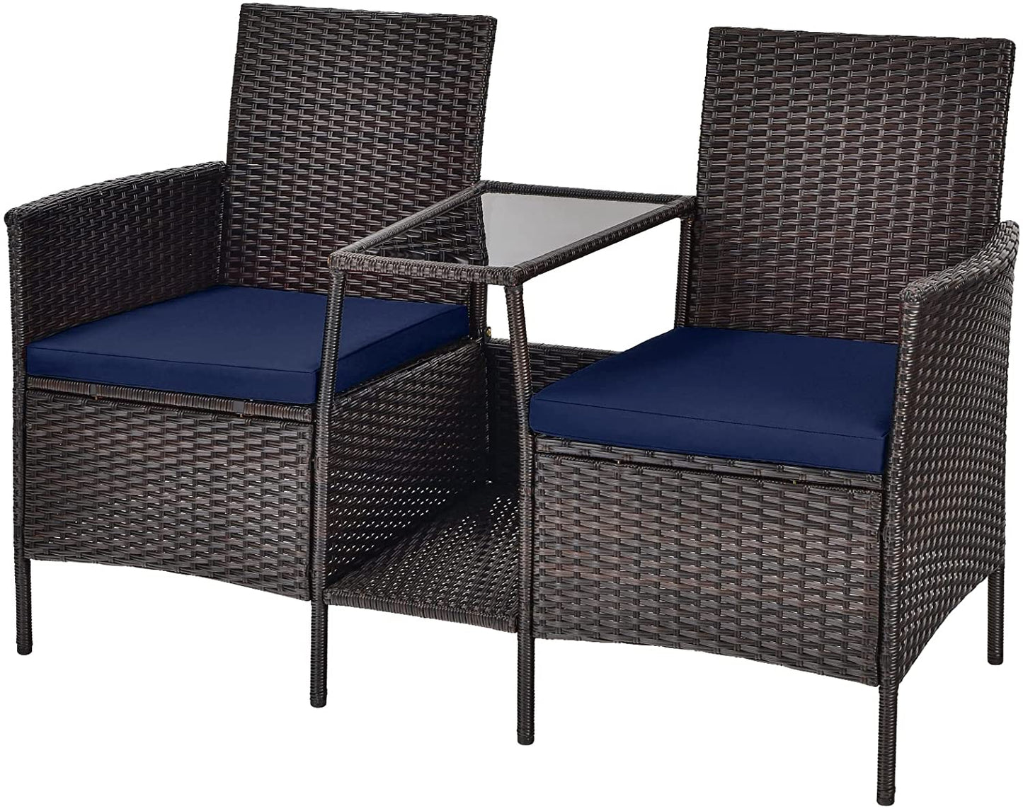 PE Wicker Outdoor Furniture Set, 2 Cushioned Seats and Tempered Glass Table