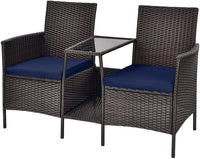 PE Wicker Outdoor Furniture Set, 2 Cushioned Seats and Tempered Glass Table