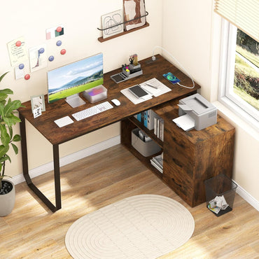 Tangkula 55" Reversible L Shaped Desk with 3 Drawers Adjustable Shelf & Power Outlet