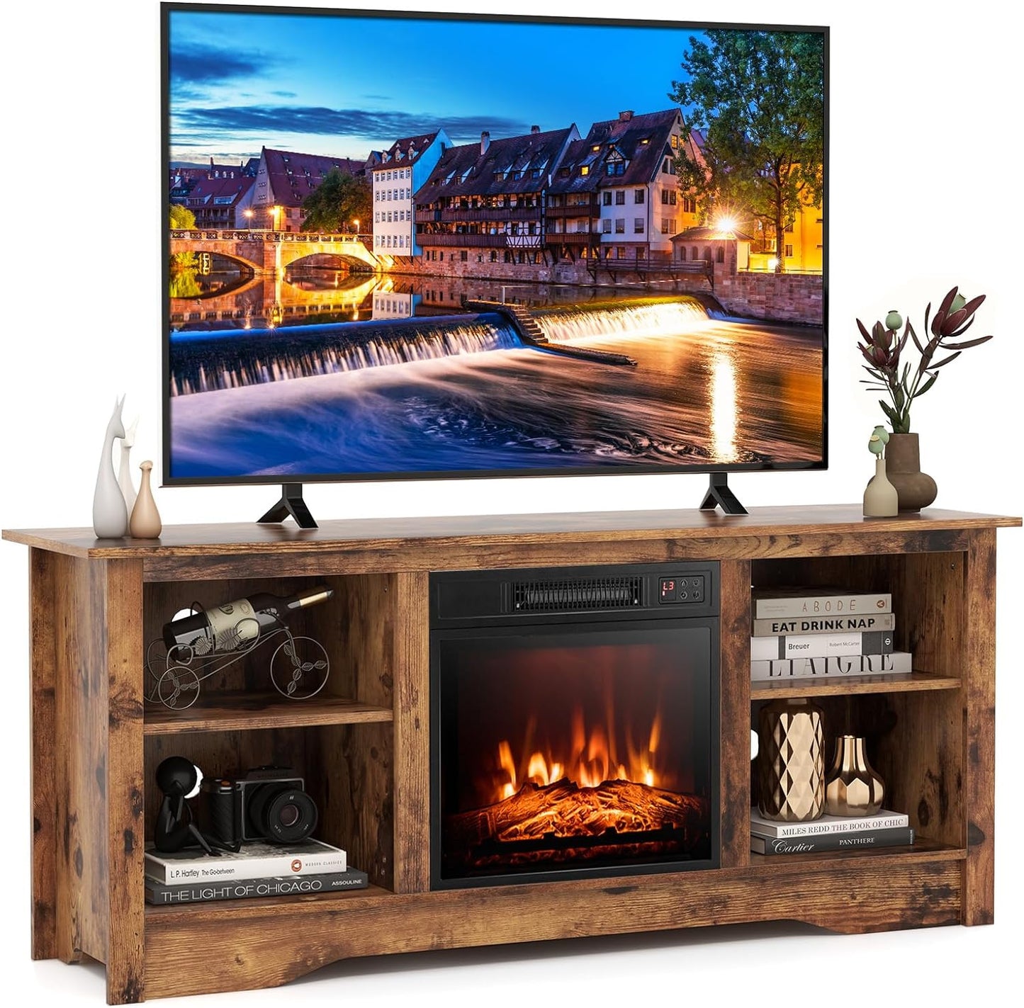 Tangkula TV Stand with 18” Electric Fireplace, for Flat Screen TVs Up to 65” with Adjustable Shelves