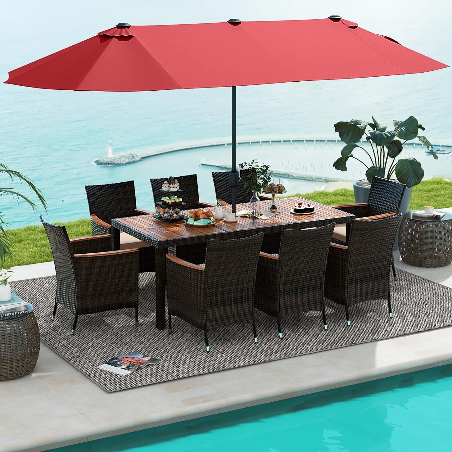 Tangkula 10 Piece Patio Rattan Dining Set with 15Ft Double-Sided Umbrella, Outdoor Acacia Wood Table and Wicker Chairs Set