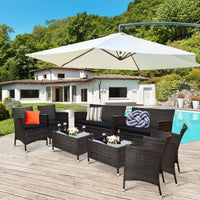 Tangkula 4-PCS or 8-PCS Patio Rattan Conversation Set, Outdoor Wicker Furniture Set with Tempered Glass Coffee Table &Thick Cushion