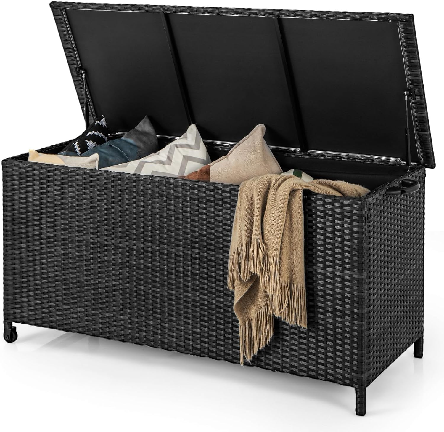 Tangkula Rattan Deck Box, 85 Gallon Storage Container with Waterproof Liner, Wheels & Gas Strut