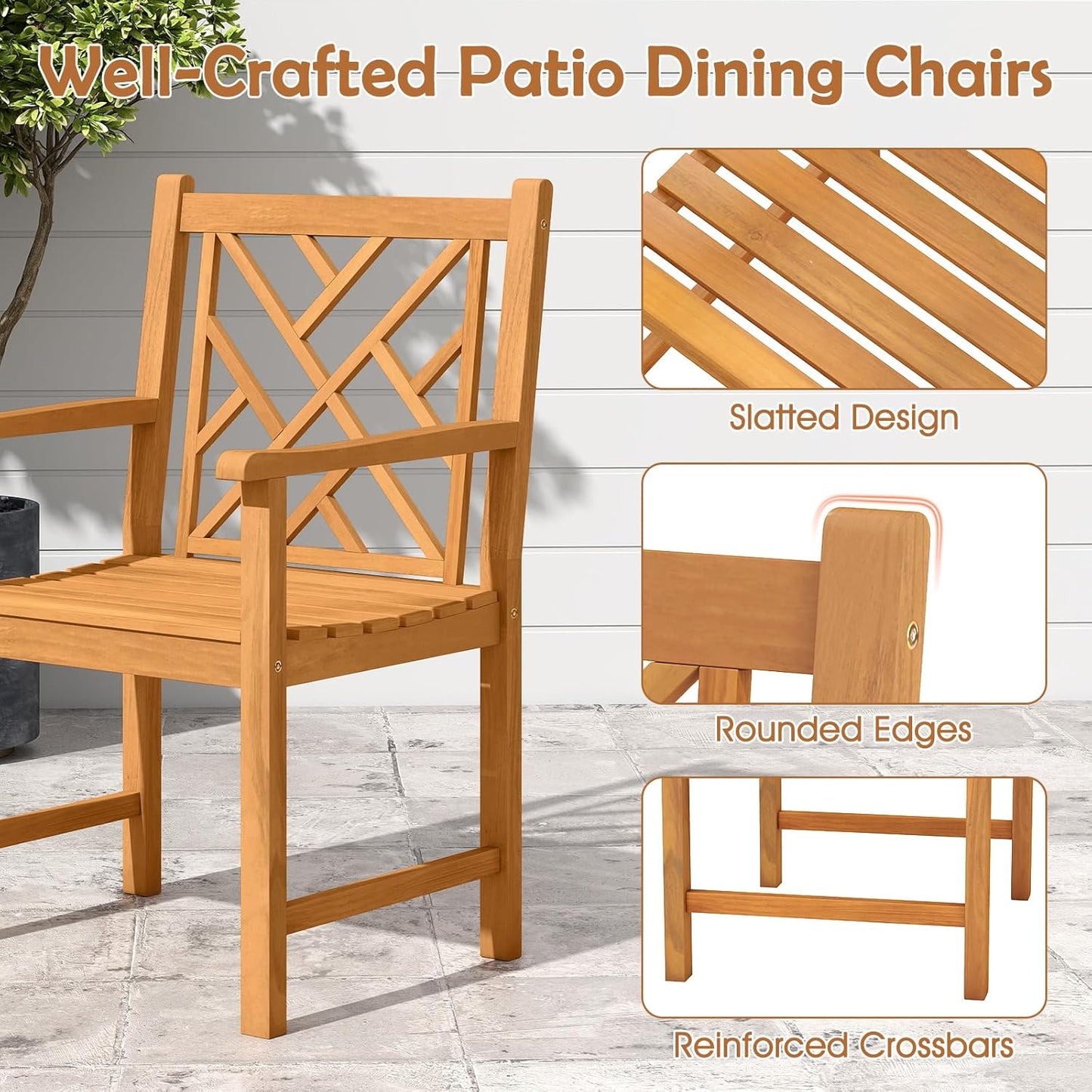 Tangkula Set of 2/4 Outdoor Dining Chairs Acacia Wood with Cross-Pattern Backrest