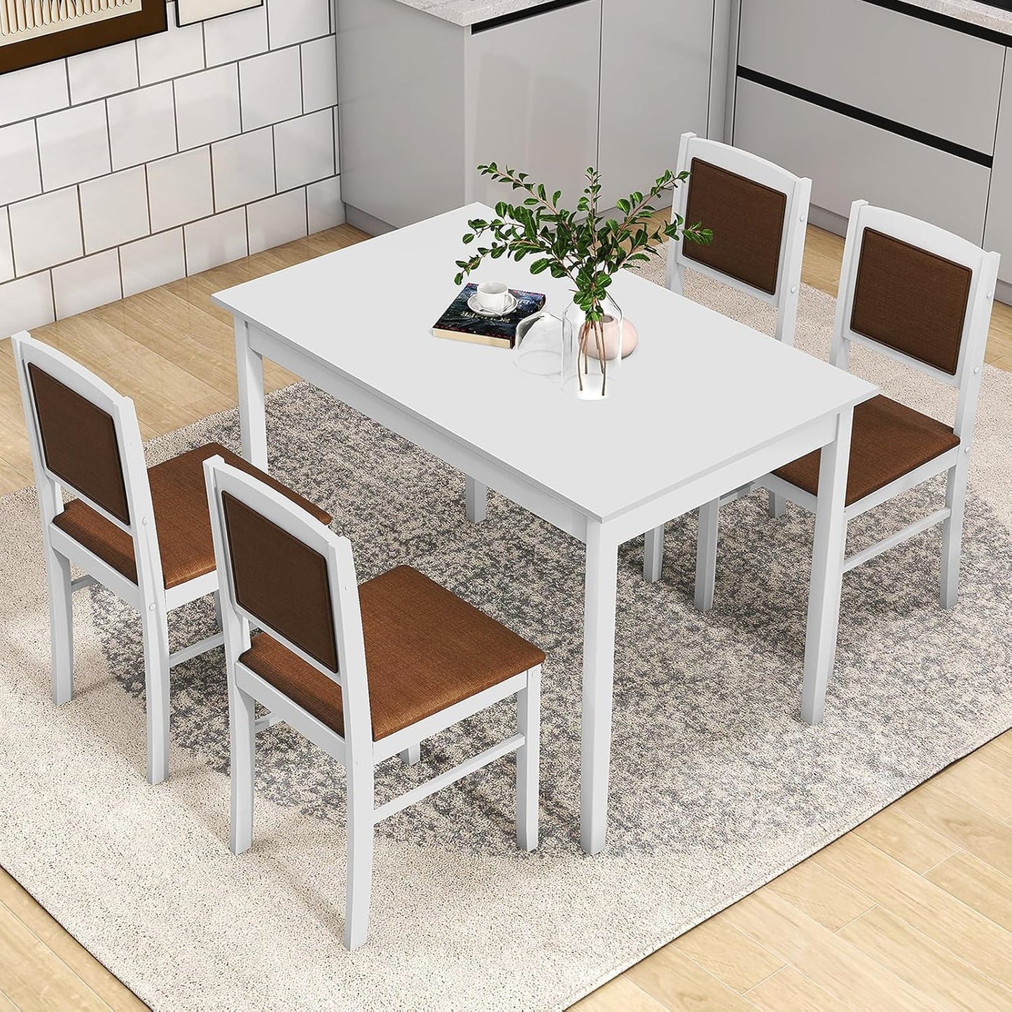 Tangkula 5-Piece Dining Table Set for 4, Farmhouse Solid Wood Dinette Set w/Rubber Wood Legs