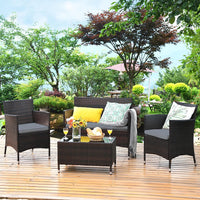 Tangkula 4-PCS or 8-PCS Patio Rattan Conversation Set, Outdoor Wicker Furniture Set with Tempered Glass Coffee Table &Thick Cushion