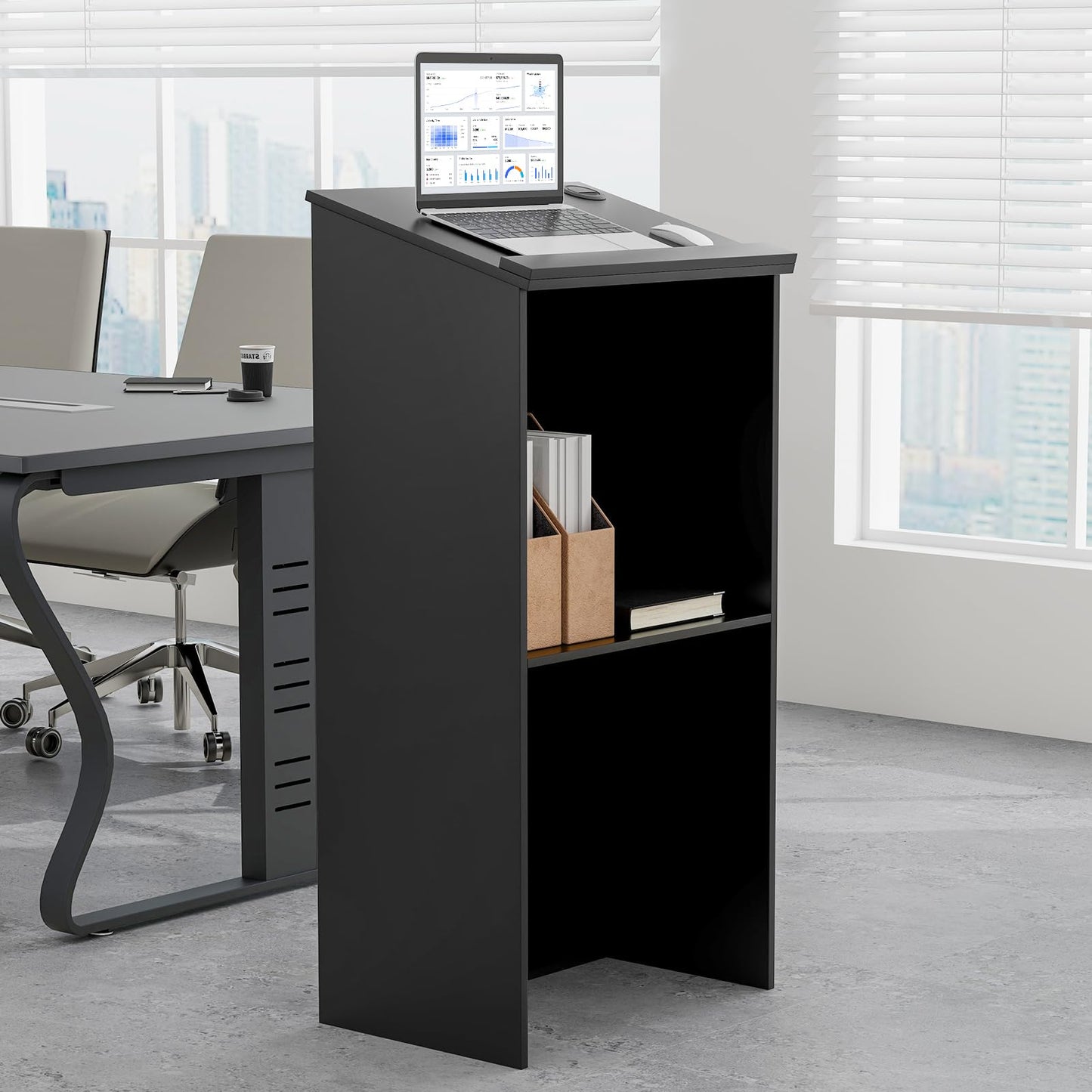 Tangkula Floor Standing Podium, Wooden Speaking Lectern with Adjustable Shelf
