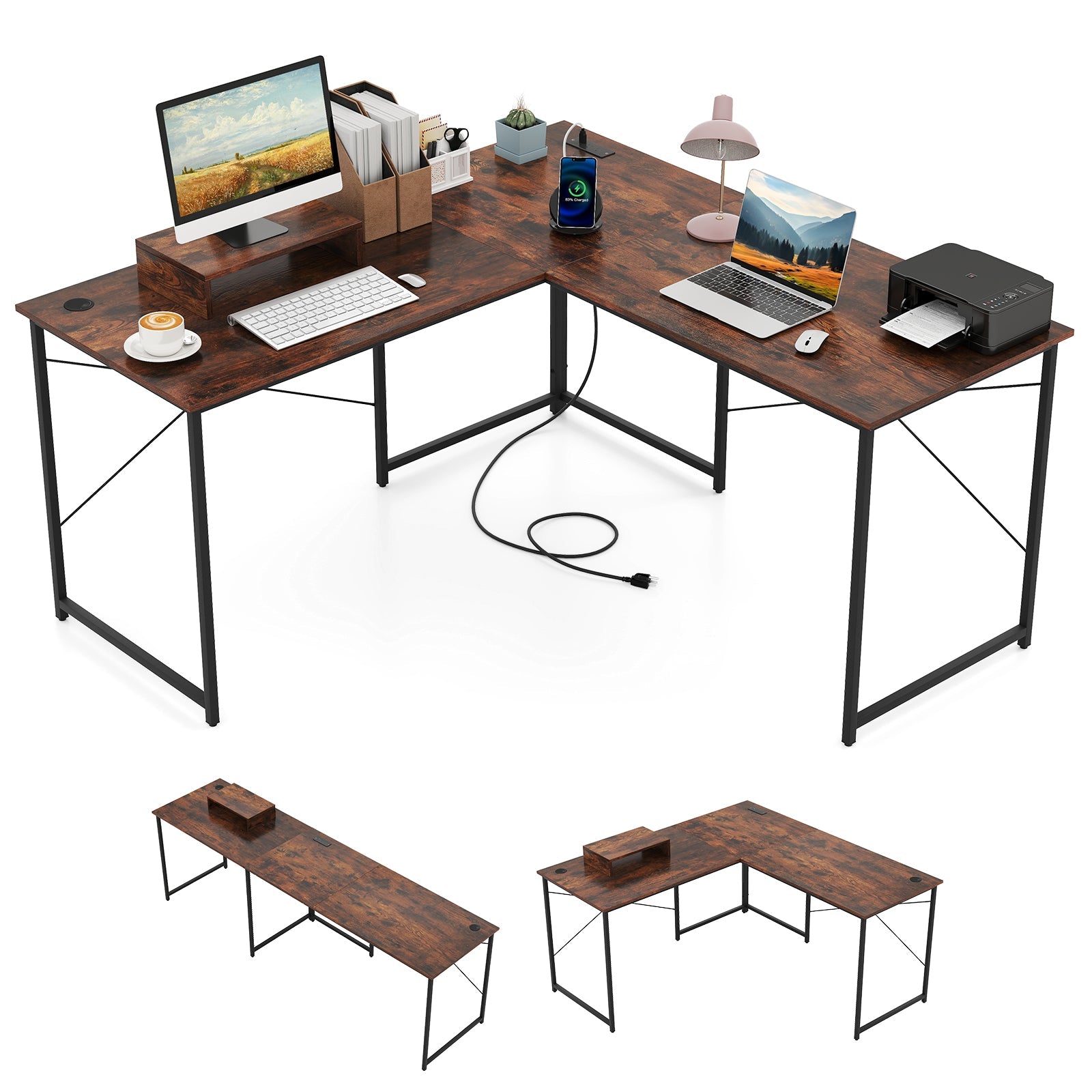 L-Shaped Computer Desk with Power Outlets